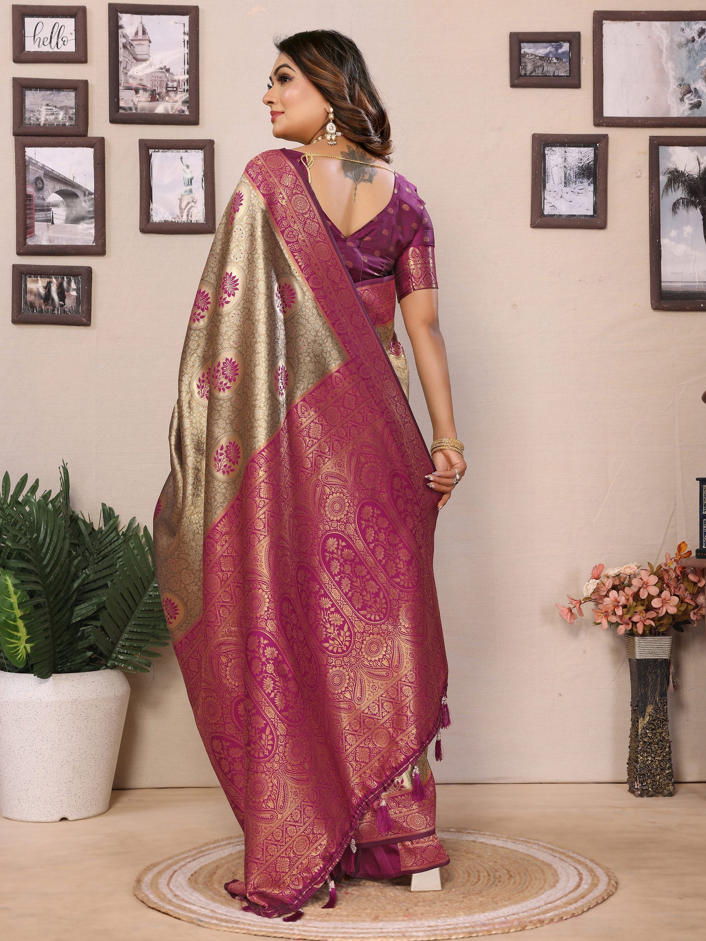 Wine Mahek Handloom Tissue Silk Sarees with Zari Weaving and Contrast Zari borders