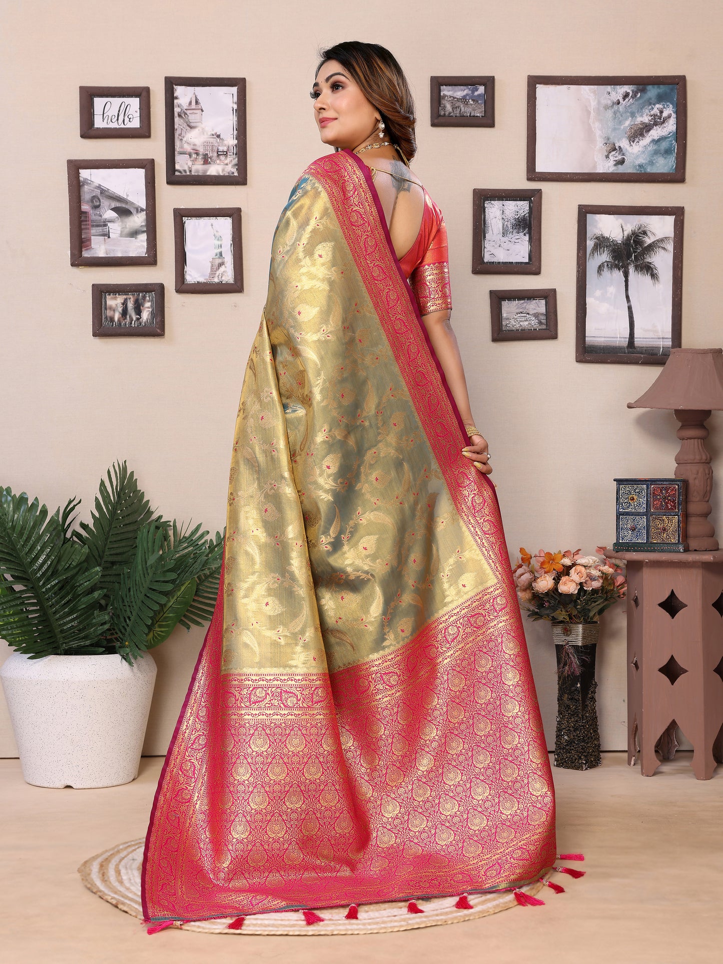 Mehndi-Green Hema pure Banarasi Tissues silk sarees Its soft and silky with Meenkari woven borders