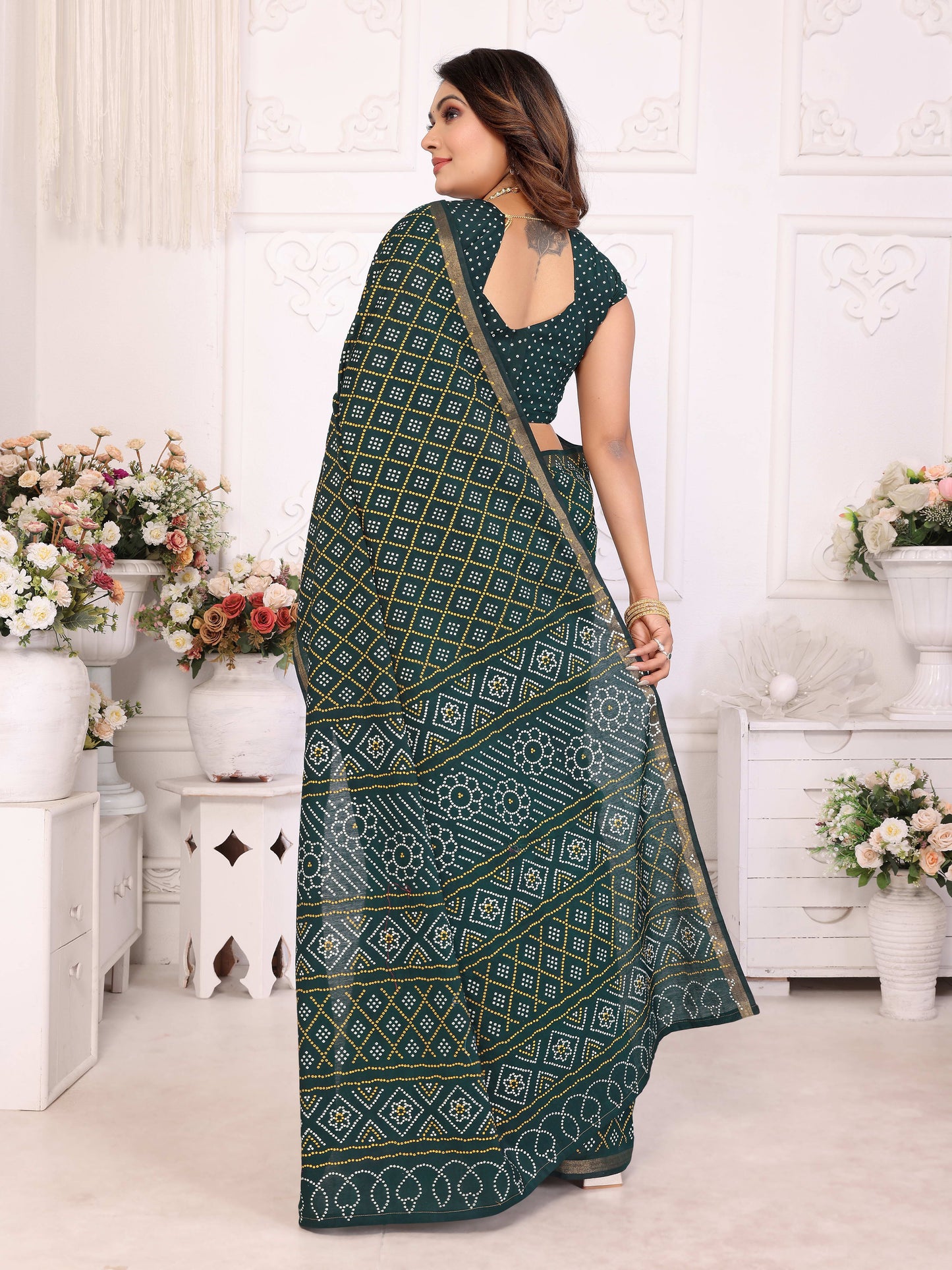 Green Amba Pure Patola And Bandhej Pattern Soft Cotton Light Weight Saree