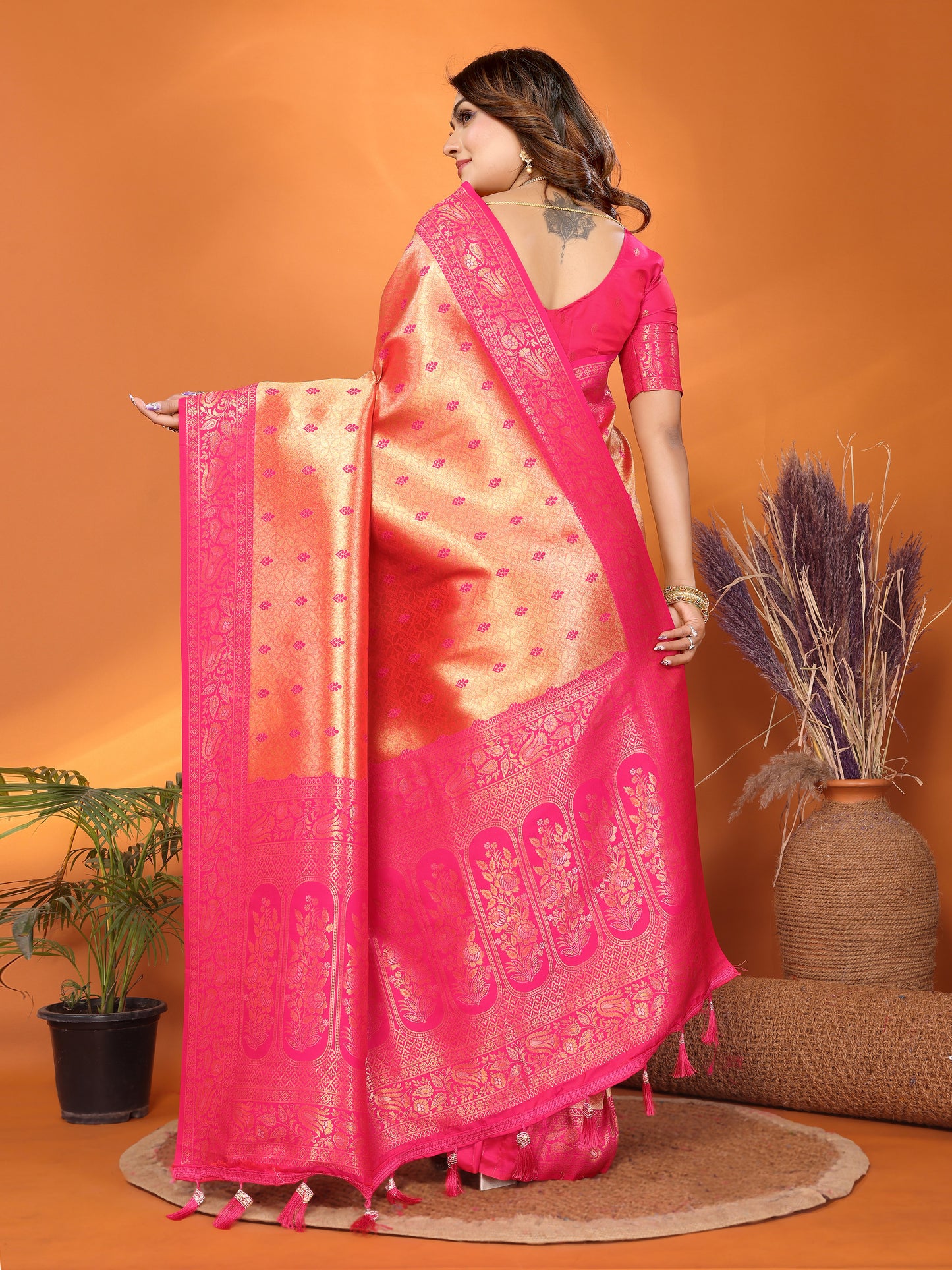 Orange Devika Handloom Tissue Silk Sarees with Zari Weaving and Contrast Zari woven borders