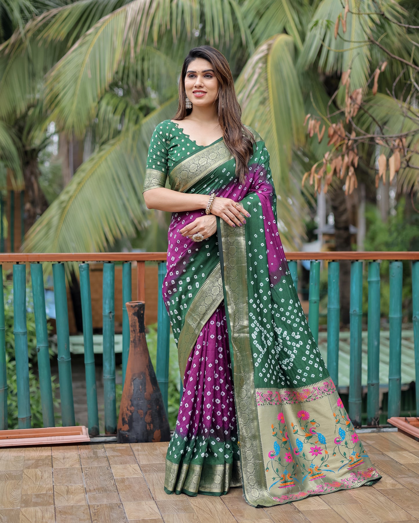 Purple Devika Dola Soft Silk Bandhej Sarees Jari Paithani Weaving Border & Weaving Paithani Style Rich Pallu