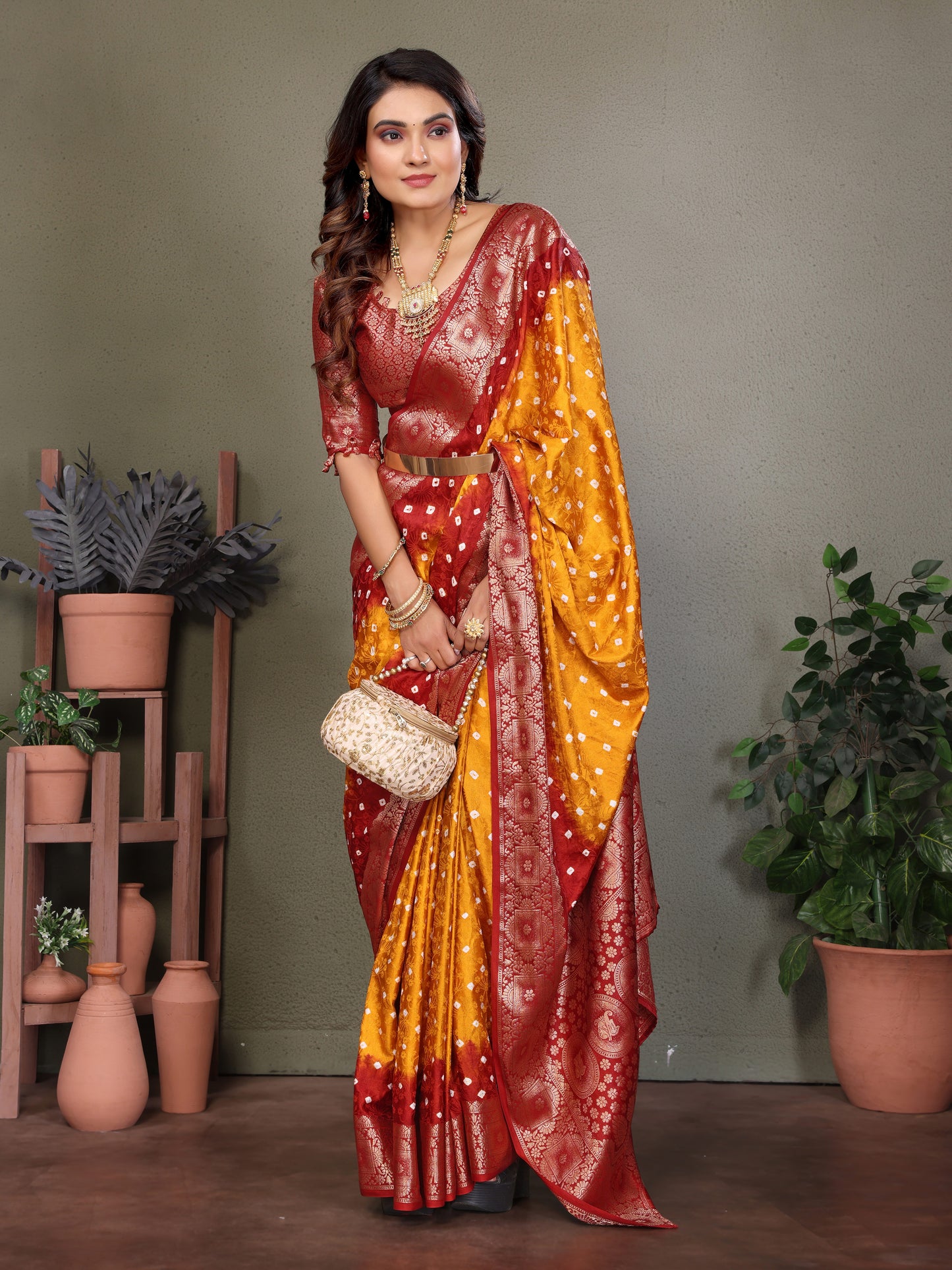Yellow Satyavati Bandhej Satin Silk Saree Made By Original Bandhej With Zari Weaving Border