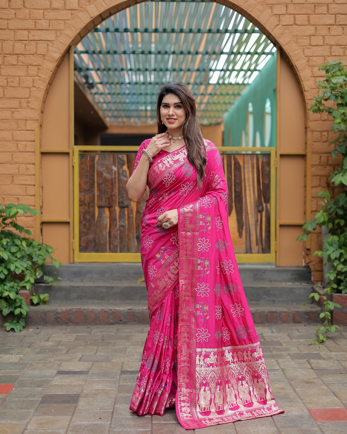 Pink Mastani Soft Dola Silk Bandhej Print Sarees With Kanchi Weaving Border And Allover Zari Border