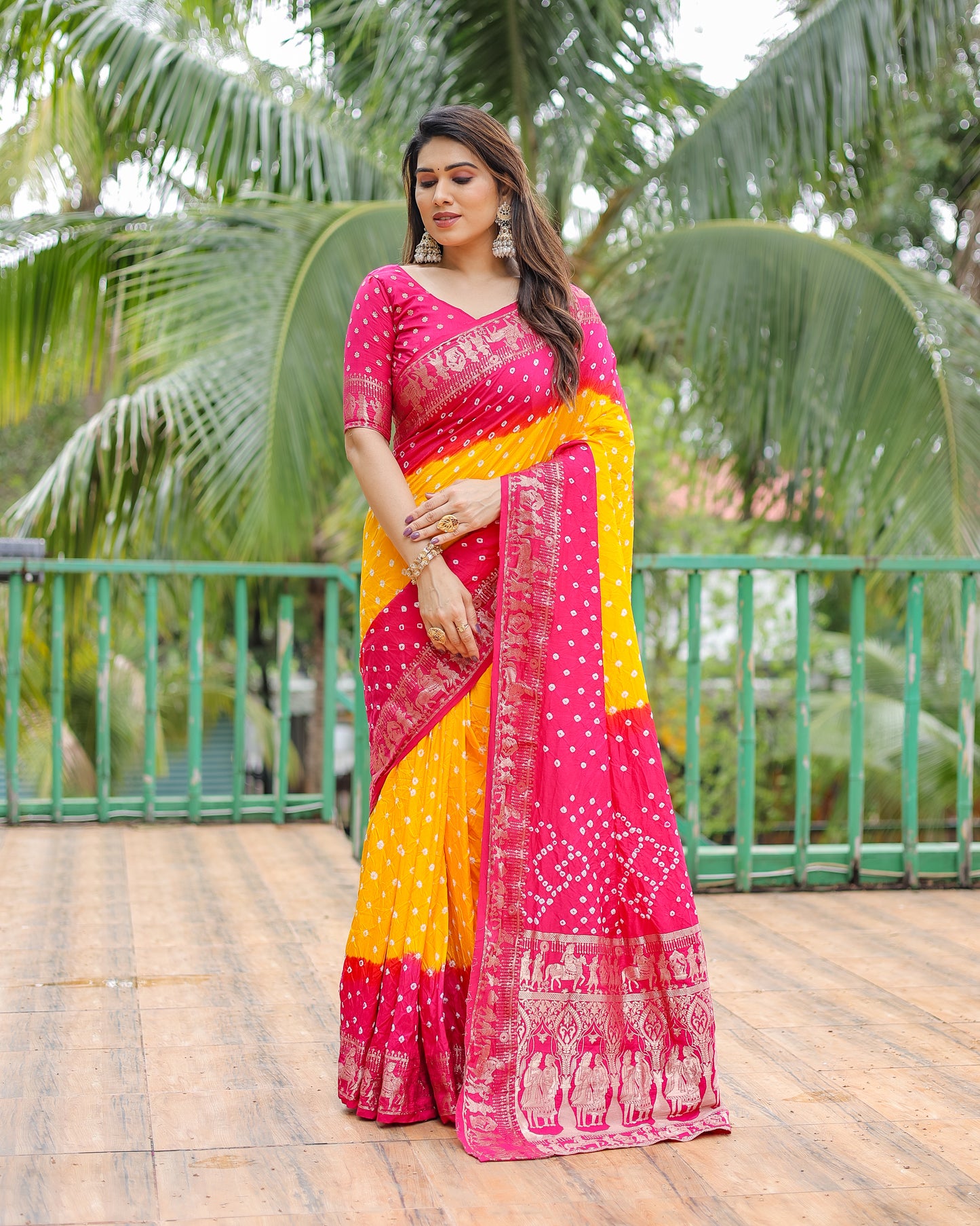 Yellow Vamika Pure Bandhej Silk Saree With Bandhej Border & Zari Weaving Rich Tissue Pallu
