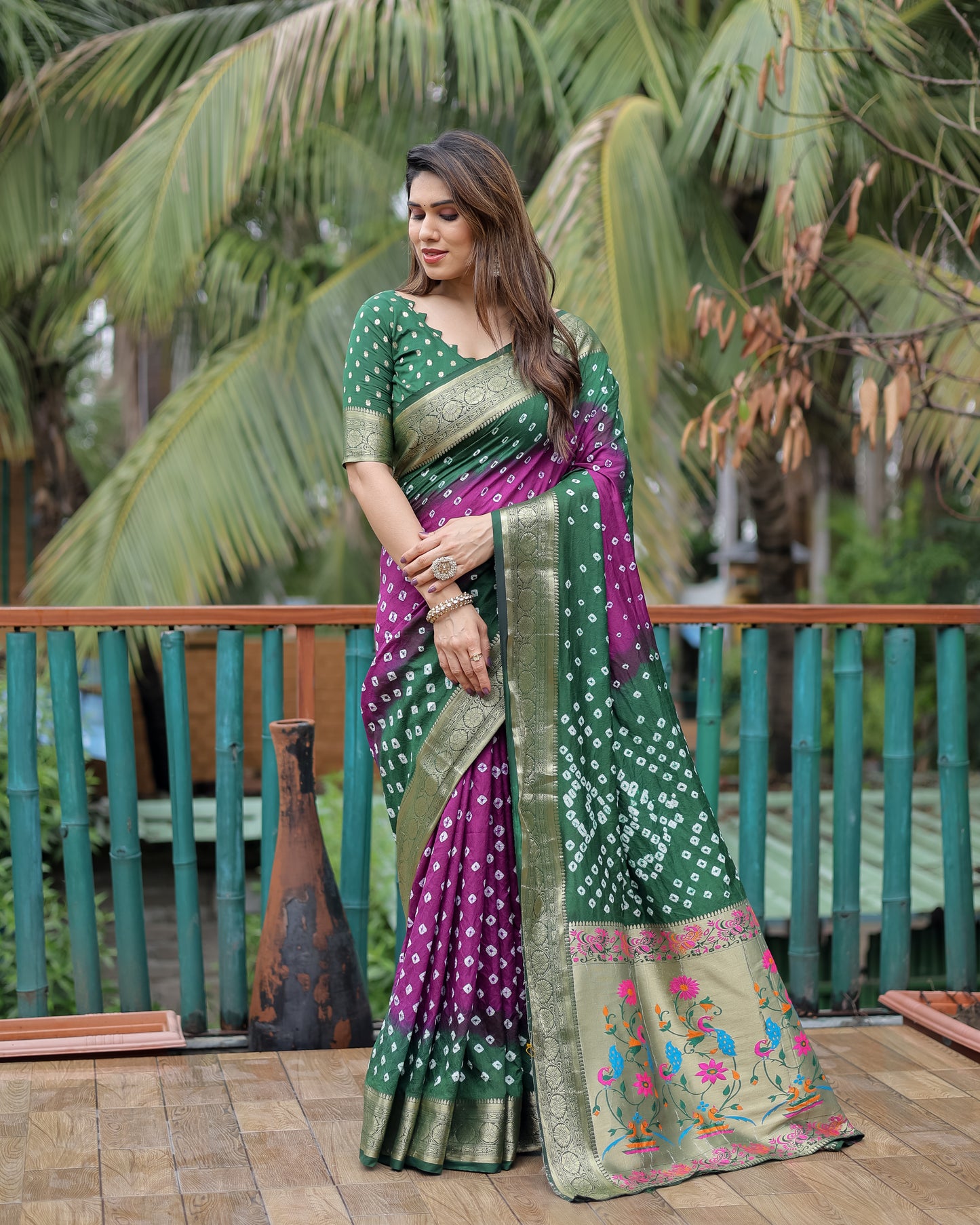 Purple Devika Dola Soft Silk Bandhej Sarees Jari Paithani Weaving Border & Weaving Paithani Style Rich Pallu