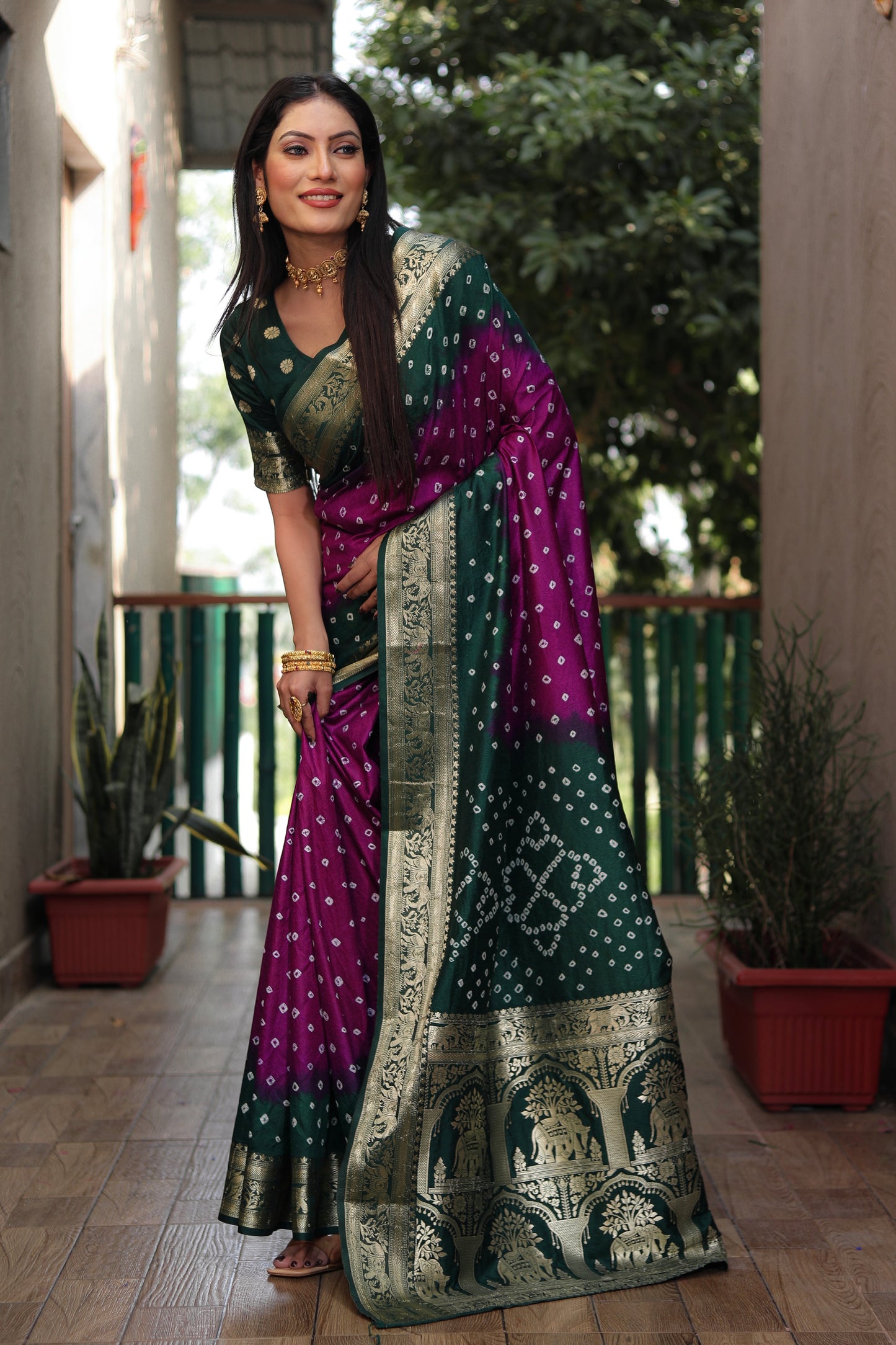 Purple Vahini Pure Bandhej Silk Saree With Bandhej Border & Zari Weaving Rich Tissue Pallu