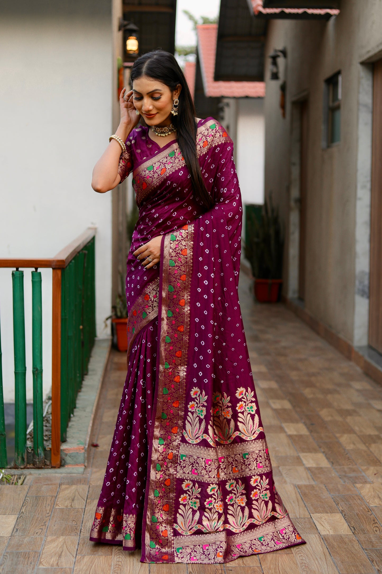 Purple Nazakat Pure Bandhej Silk Saree With Patola Border Zari Weaving Paithani And Paithani Rich Pallu