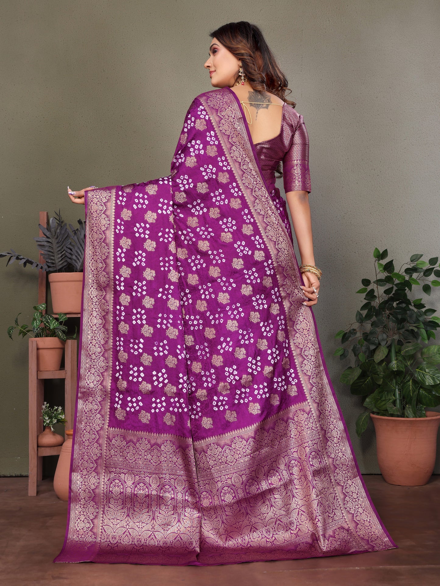 Purple Shakuntala Bandhej Silk Saree With Zari Weaving Butta & Zari Rich Pallu With Beautiful Design & Broad Border