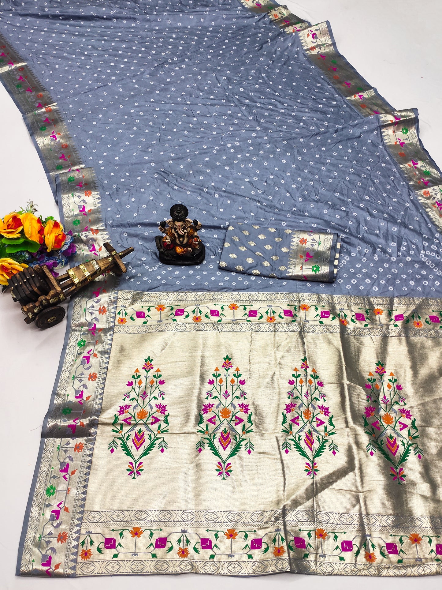Gray Janki Pure Bandhej Silk Saree With Beautiful Design And Having A Minakari Rich Pallu With Zari