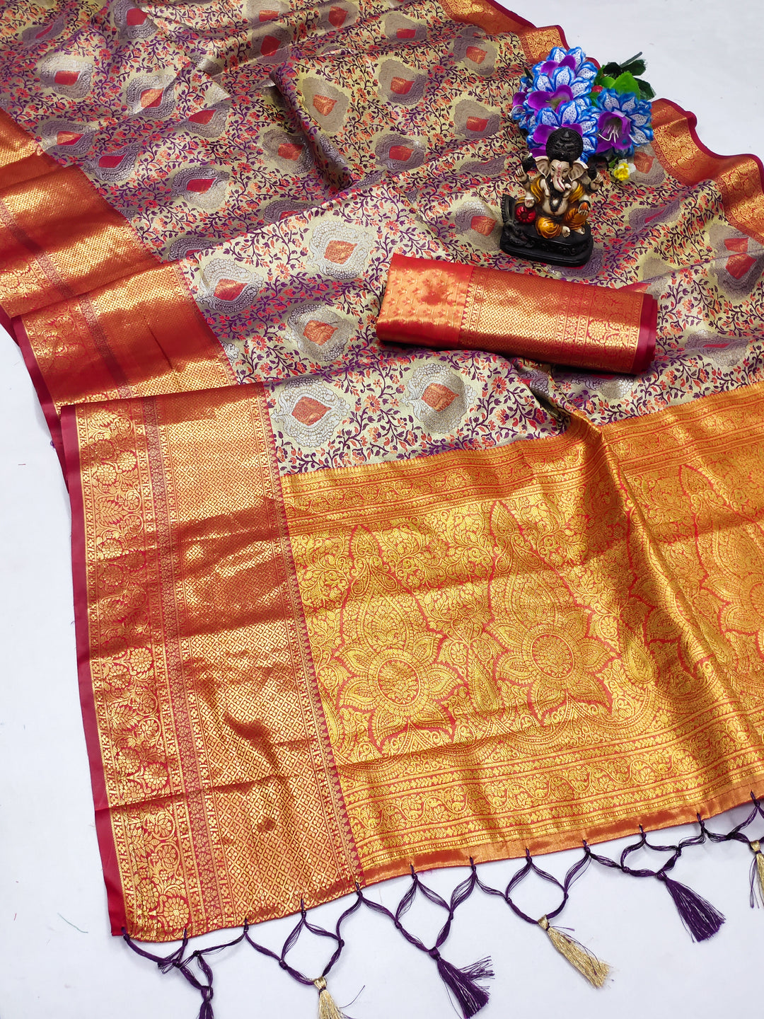 Orange Draupadi Pure Kanjivaram Silk Saree Super Soft & Silky