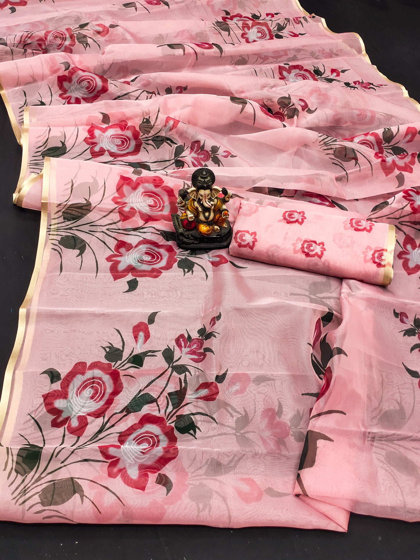Baby Pink Vrinda Organza Digital Print Soft Shiny Art Silk Saree With Inspired Gold Border
