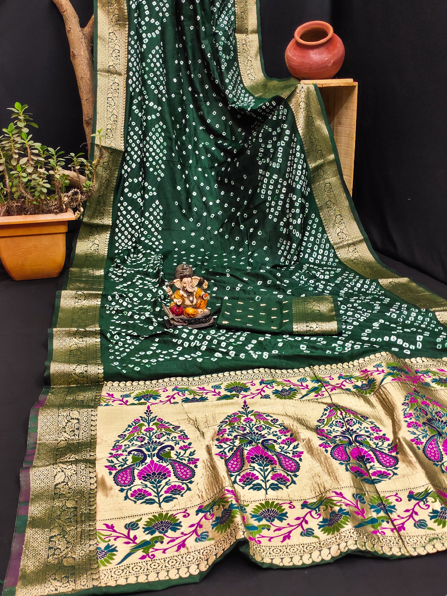 Green Subhadra Bandhej Kanjivaram Silk Saree With Kanjivaram Border With Zari Paithani Rich Pallu