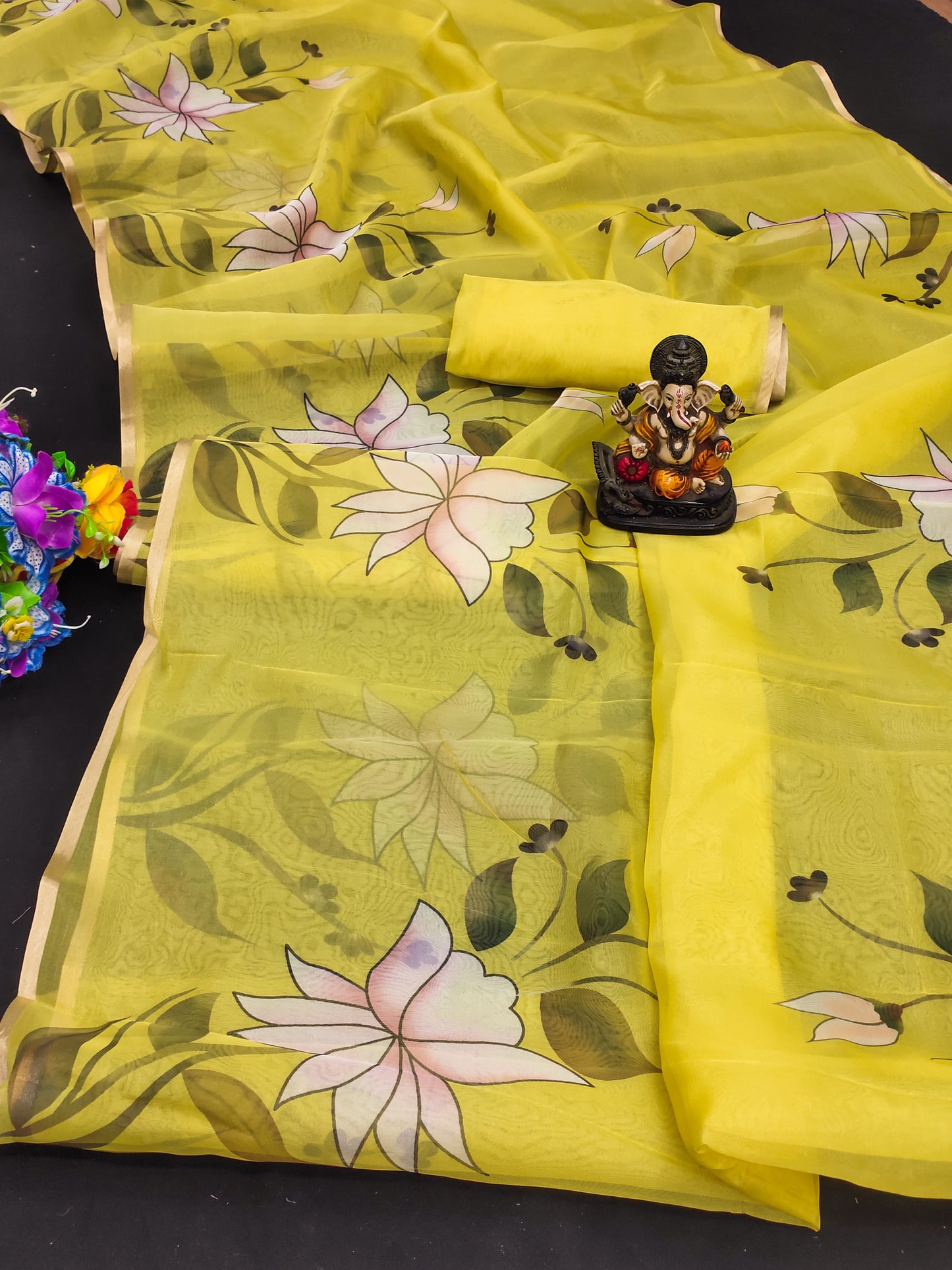 Yellow Shehnaz Organza Digital Print Soft Shiny Art Silk Saree With Inspired Gold Border
