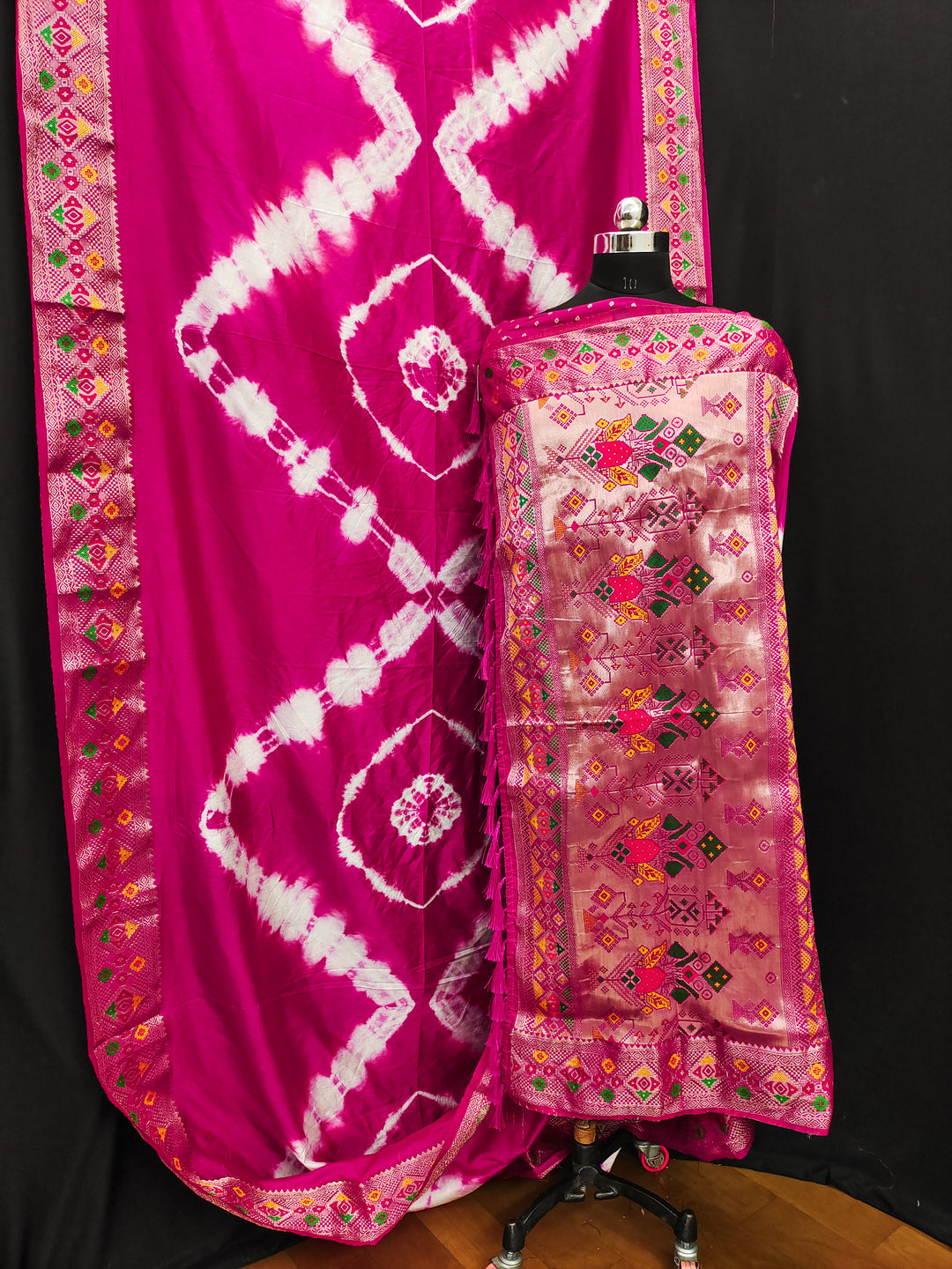 Pink Suvarna Sibori Print Silk Sarees With Zari Gold & Minakari Weaving Border & Contrast Rich Pallu