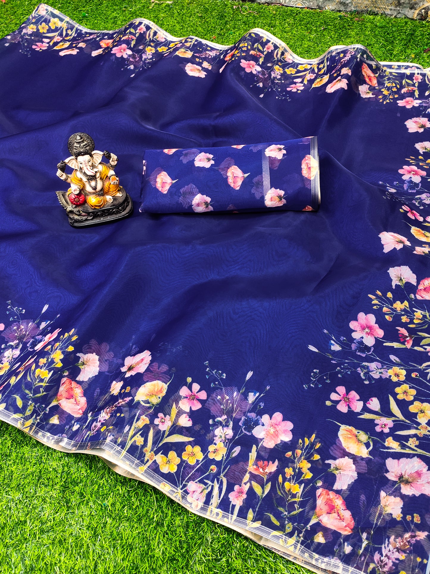 Blue Kesariya Organza Digital Print Soft Shiny Art Silk Saree With Inspired Gold Border