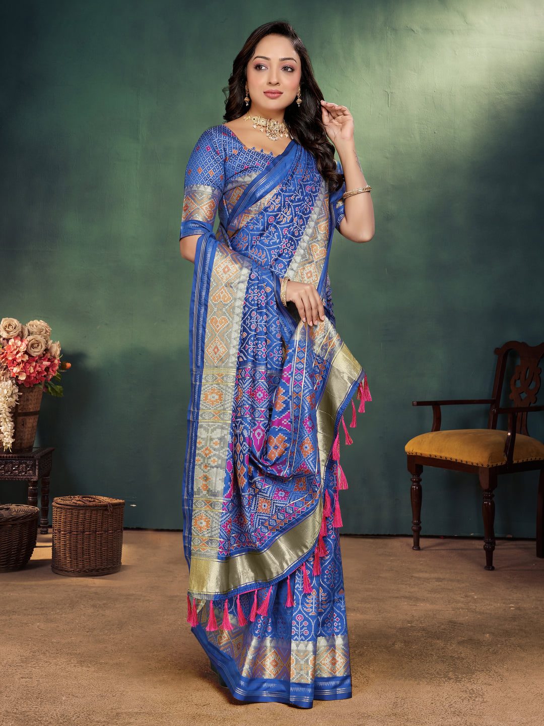 Blue Maya-2 Pure Handloom Silk Ikkat Patola Saree With Kanchi Border and contrast Zari border