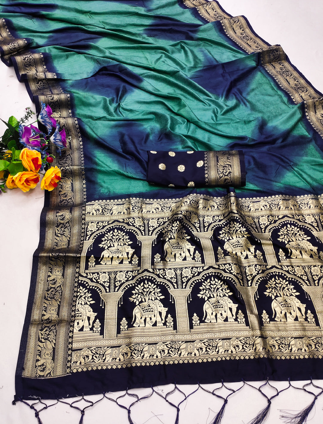 Navy Blue Prushti Sibori Print Silk Sarees With Gold Zari Minakari Border & Contrast Rich Pallu