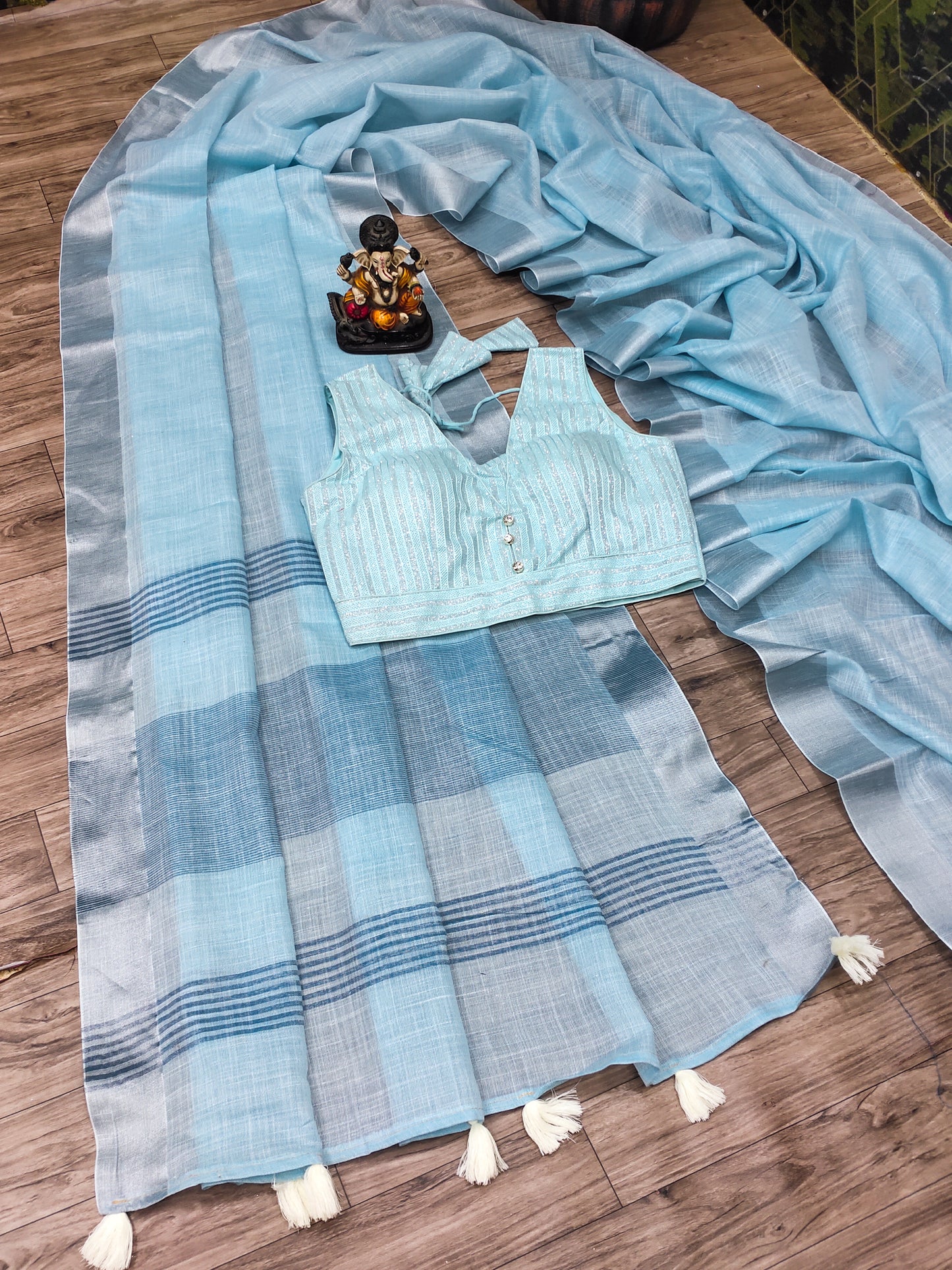 Sky Blue Morni-1 Linen Soft And Smooth Sarees With Plane Weaving All Over Saree