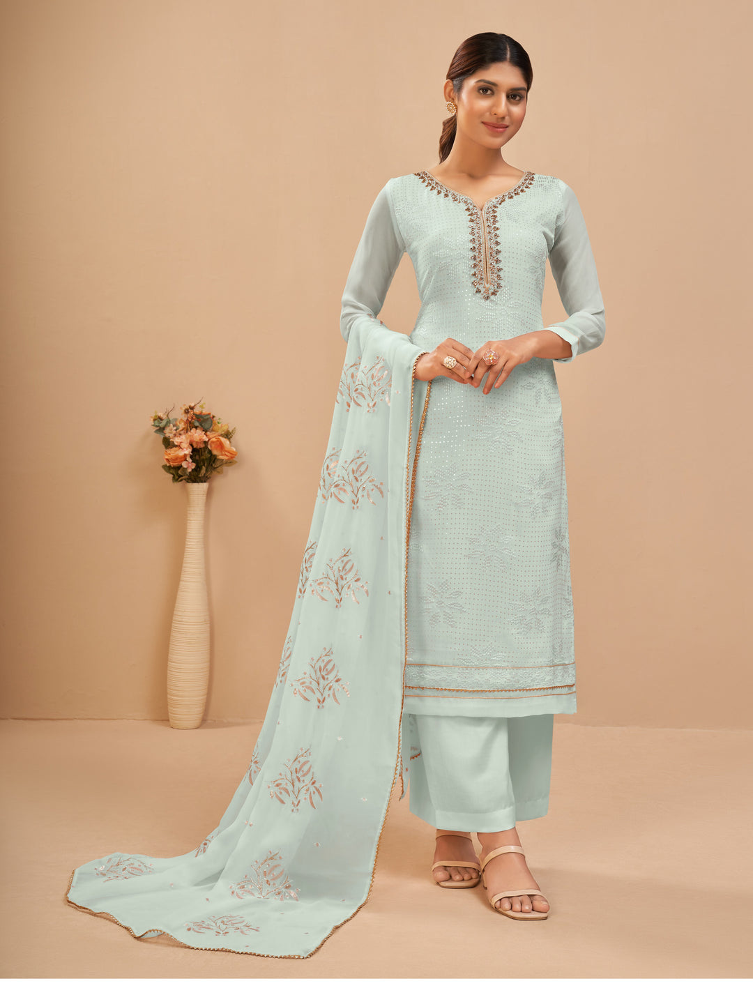 Blue Color Georgette With Crafted With Multi Thread. Sequins & Zari Embroidery Work Suit