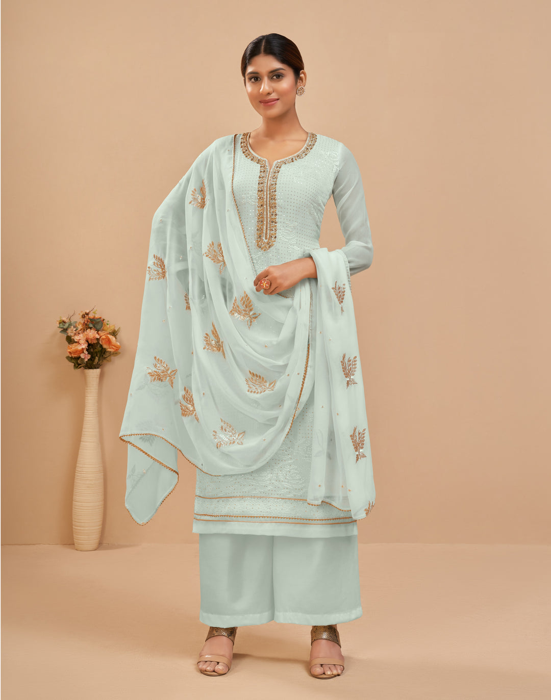 Blue Color Georgette With Crafted With Multi Thread. Sequins & Zari Embroidery Work Suit