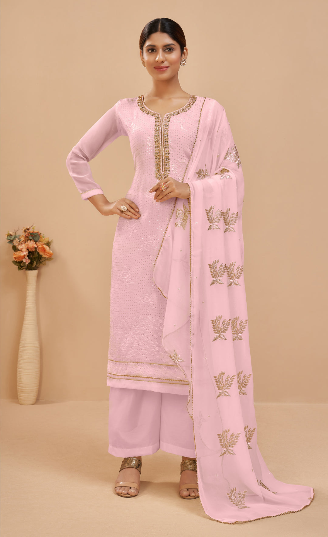 Pink Color Georgette With Crafted With Multi Thread. Sequins & Zari Embroidery Work Suit