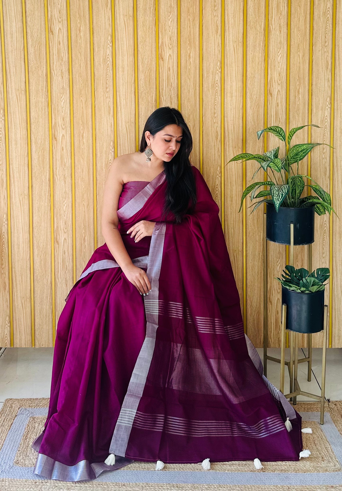 WINE Amanat Beauty Soft Leaf Linen By Cotton Saree With Silver Jari Border And Silver Border Blouse