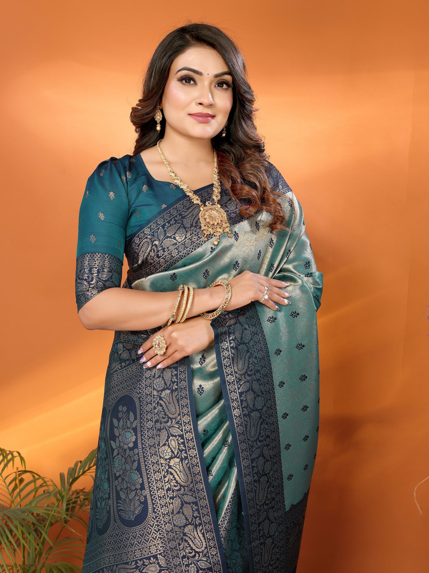 Teal Devika Handloom Tissue Silk Sarees with Zari Weaving and Contrast Zari woven borders
