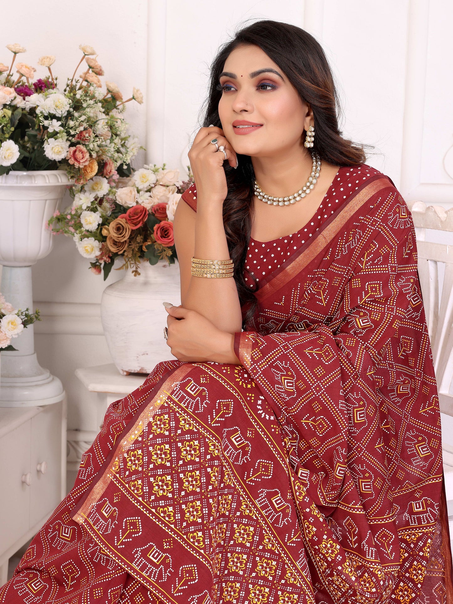 Maroon Ambika Pure Patola And Bandhej Pattern Soft Cotton Light Weight Saree