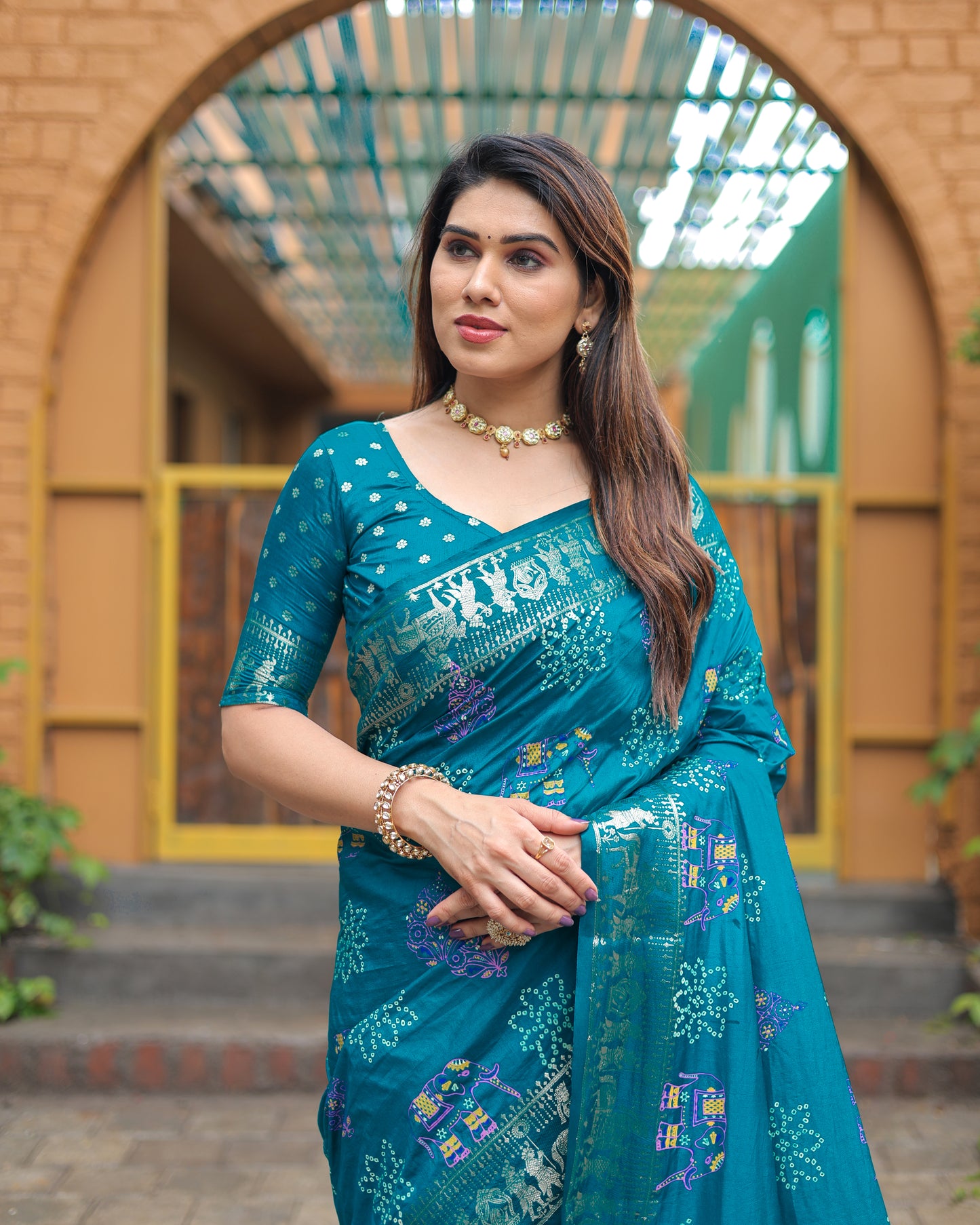 Sky Mastani Soft Dola Silk Bandhej Print Sarees With Kanchi Weaving Border And Allover Zari Border