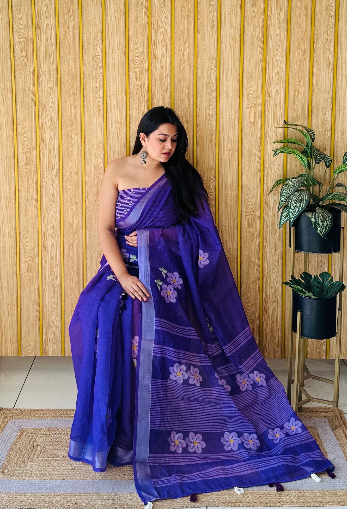 Purple Muskan Soft Linen Cotton Digital Print Sarees With Batik Print With Silver Border