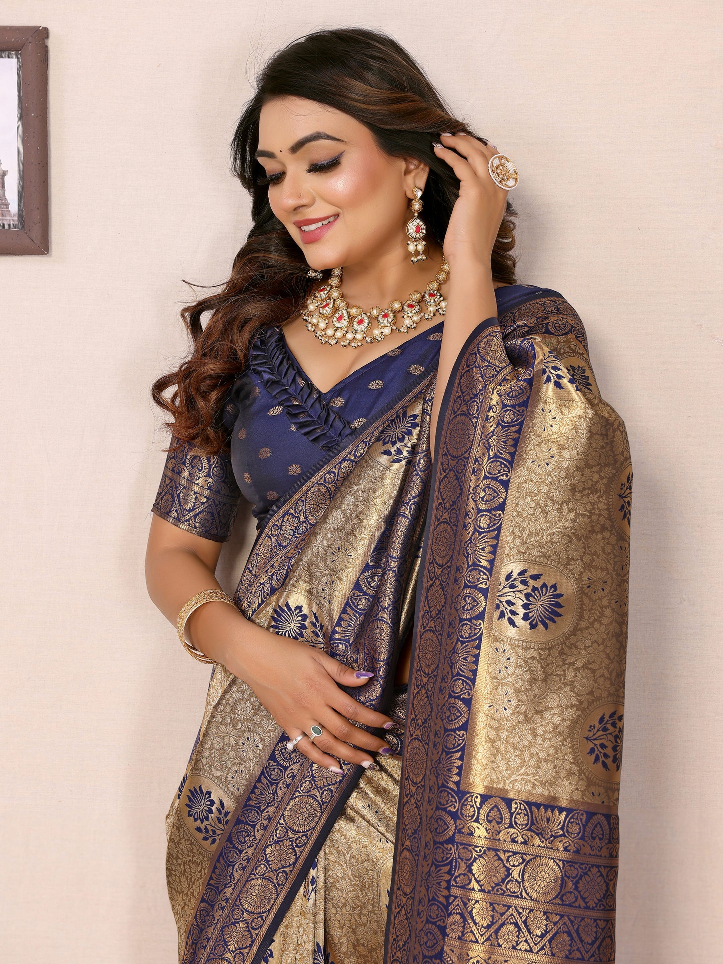 Blue Mahek Handloom Tissue Silk Sarees with Zari Weaving and Contrast Zari borders
