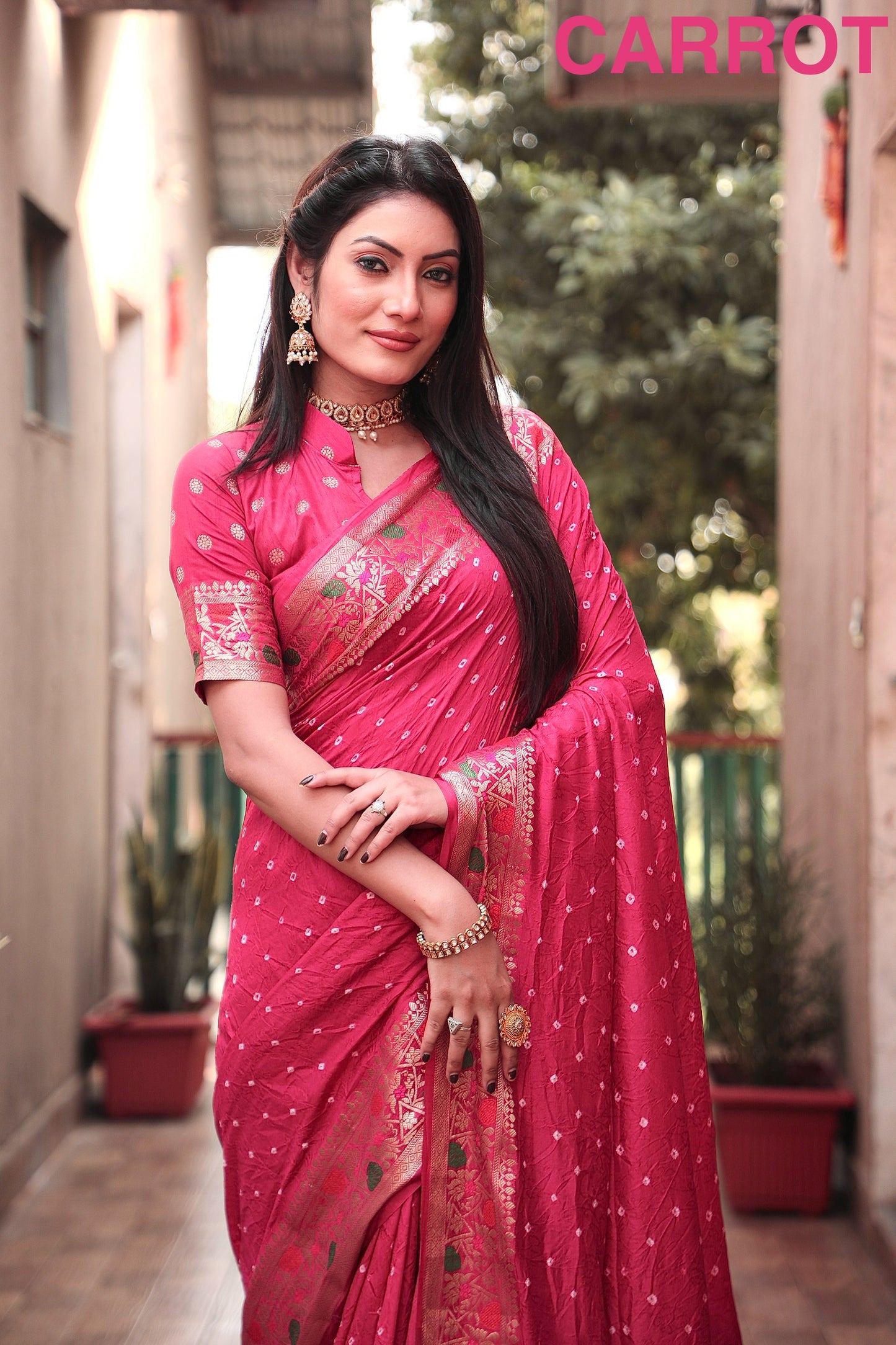 Carrot Nazakat Pure Bandhej Silk Saree With Patola Border Zari Weaving Paithani And Paithani Rich Pallu