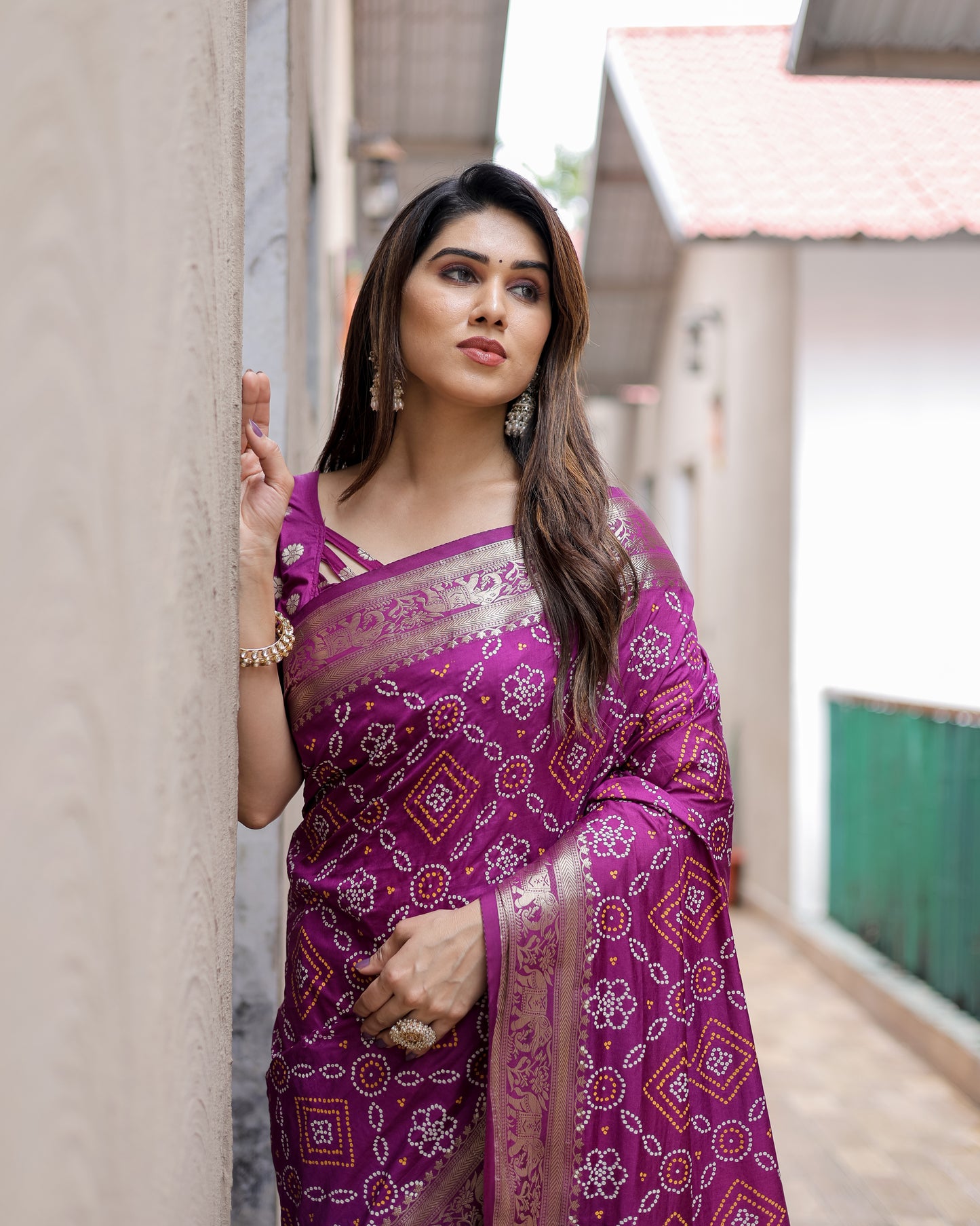 Purple Pushpavati Soft Dola Silk Bandhej Sarees With Kanchi Weaving Border With Multicolour Bandhej Block Print Design
