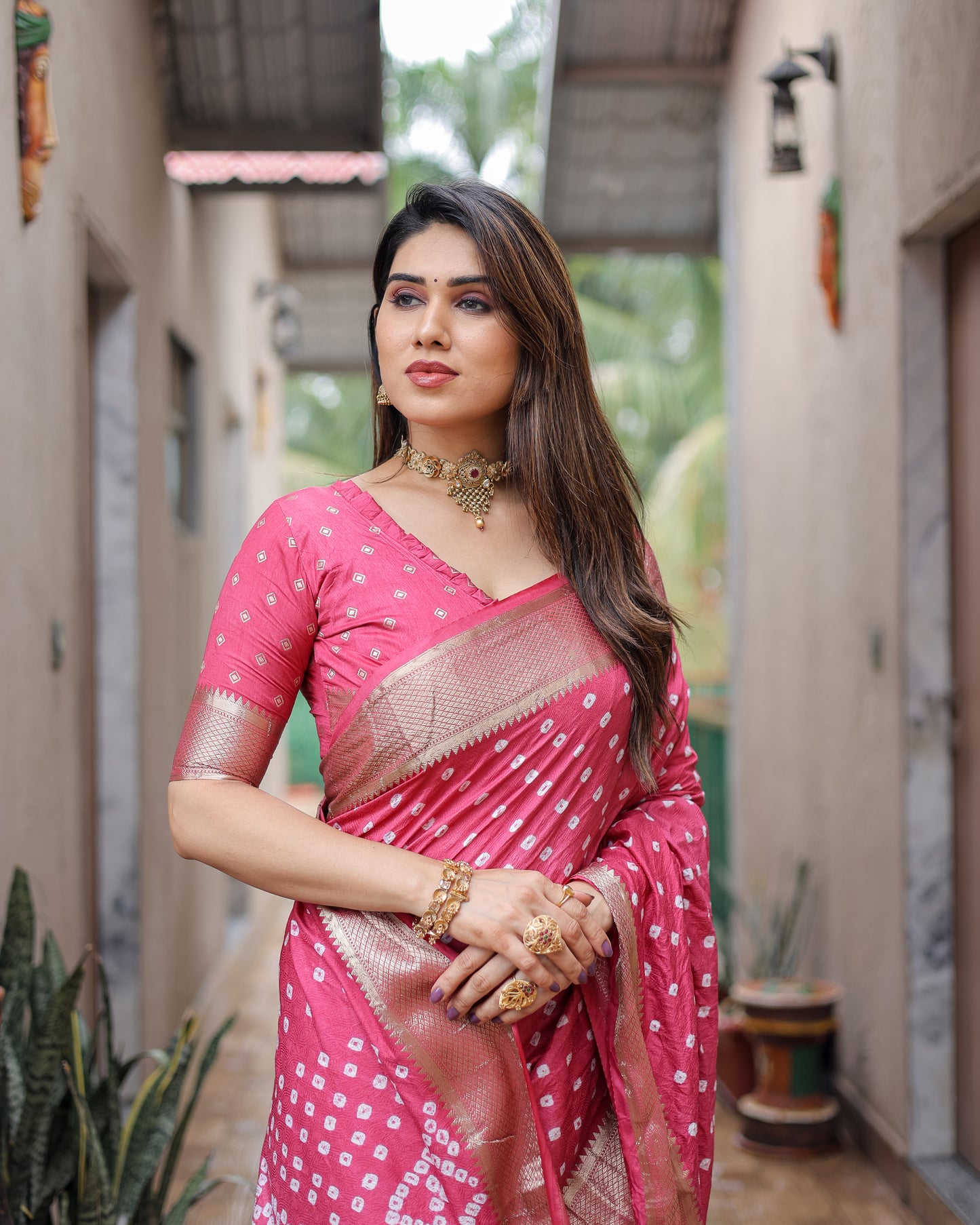 Pink Yashomati Dola Soft Silk Bandhej Sarees With Awesome Two Sides Jari Border & Paithani Style Rich Pallu