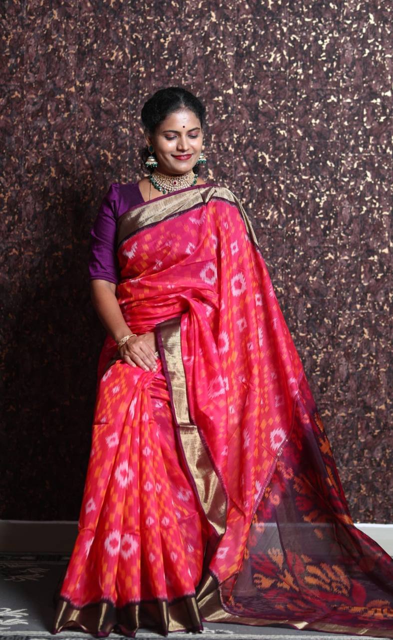 Pink Pramila Patola Digital Print With Golden Weaving Border & Digital Printed Ikkat Design Pallu