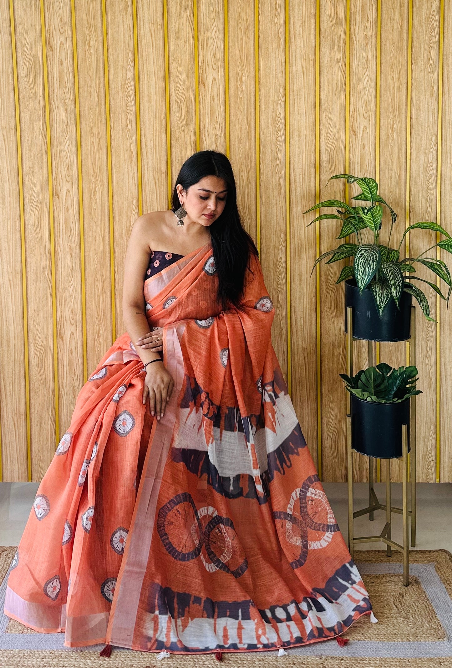 Orange Aarya-4 Soft Linen Cotton Digital Print Sarees With Batik Print With Silver Border