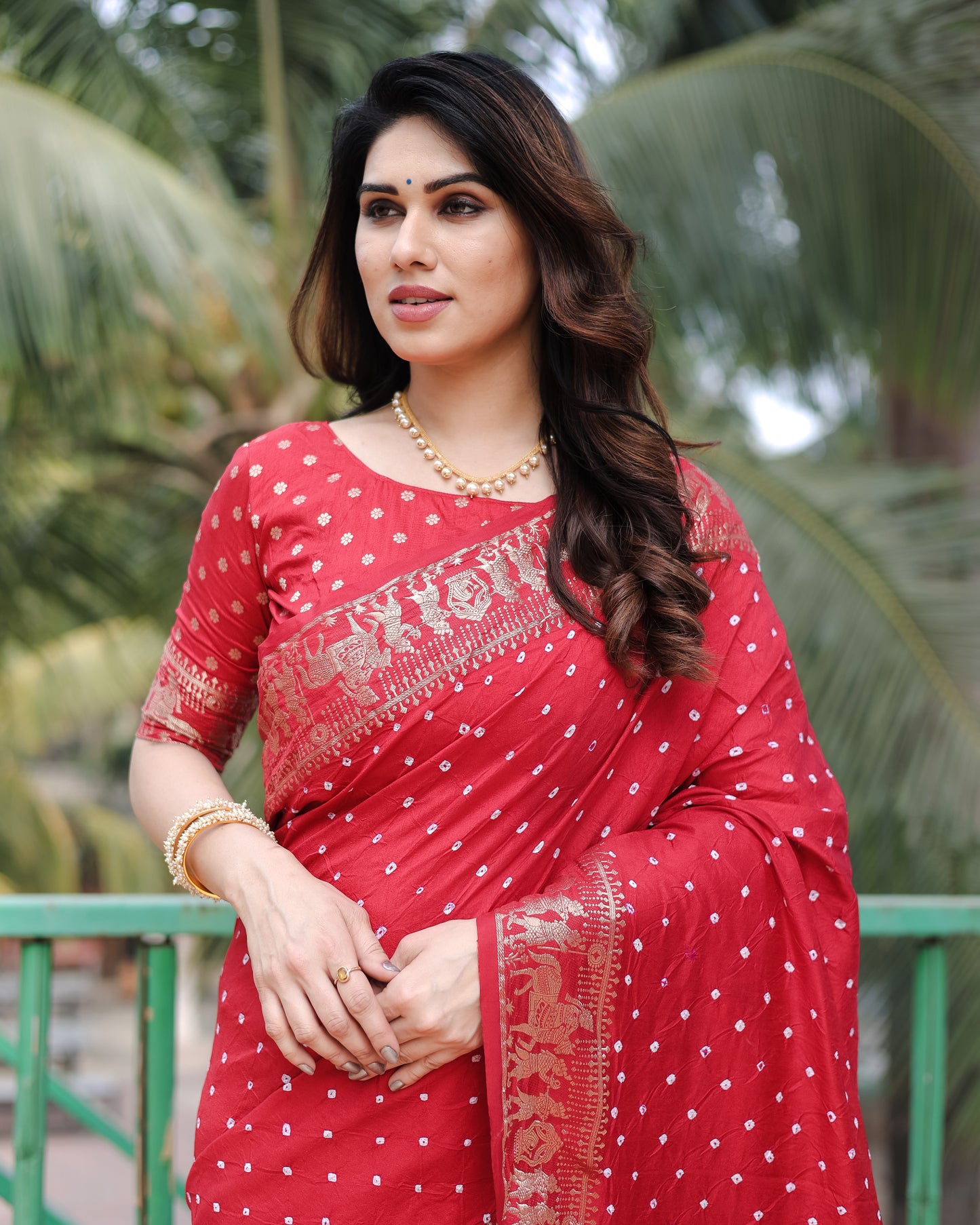 Red Mausami Pure Bandhej Silk Saree With Zari Weaving Border & Rich Pallu With Beautiful Design And Broad Border