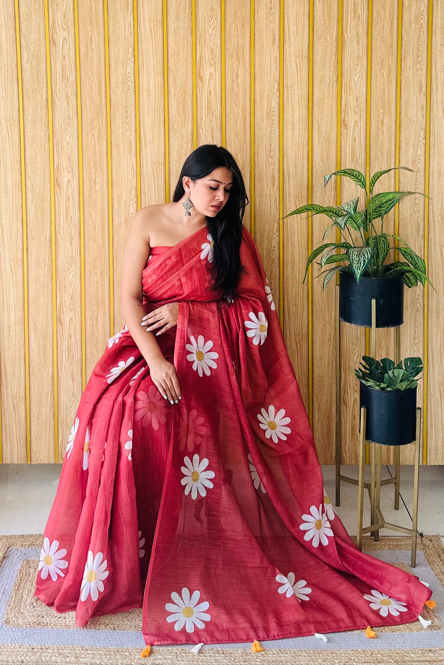 Red Champa-1 Soft Linen Cotton Digital Print Sarees With Flower Print & Printed Pallu