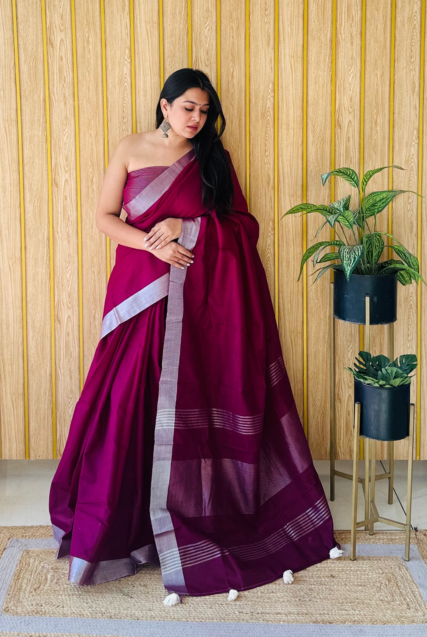 WINE Amanat Beauty Soft Leaf Linen By Cotton Saree With Silver Jari Border And Silver Border Blouse
