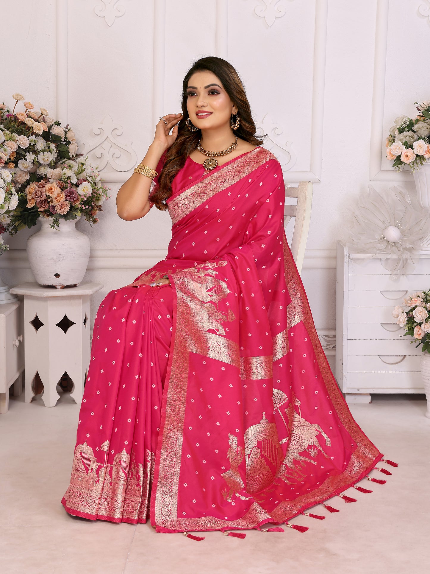 Pink Heena summer kochi silk saree with beautiful Bandhej weaving work soft comfy....