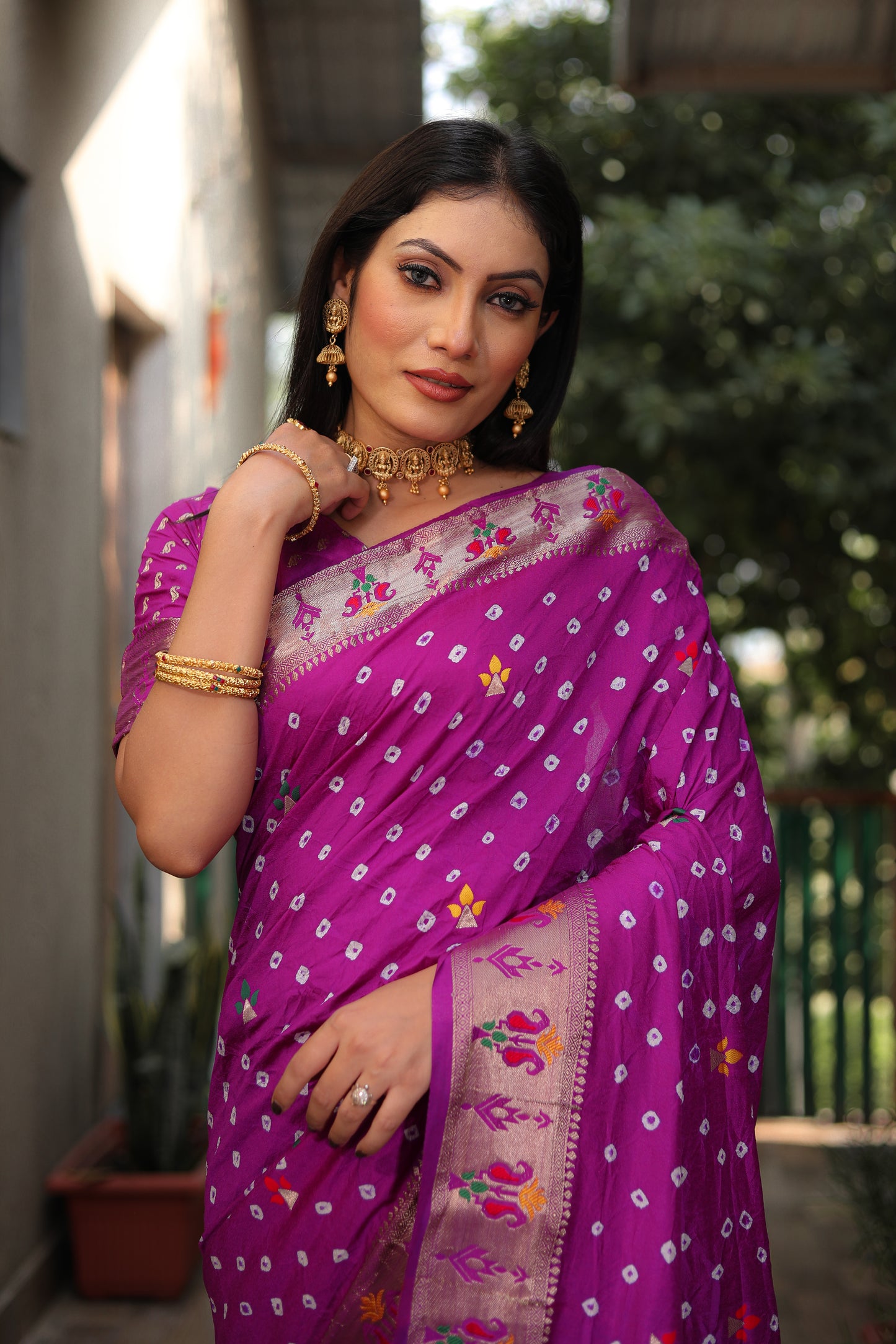 Purple Yogeshwari Dola Soft Silk Bandhej Saree With Jari Border & Weaving Paithani Style Rich Pallu