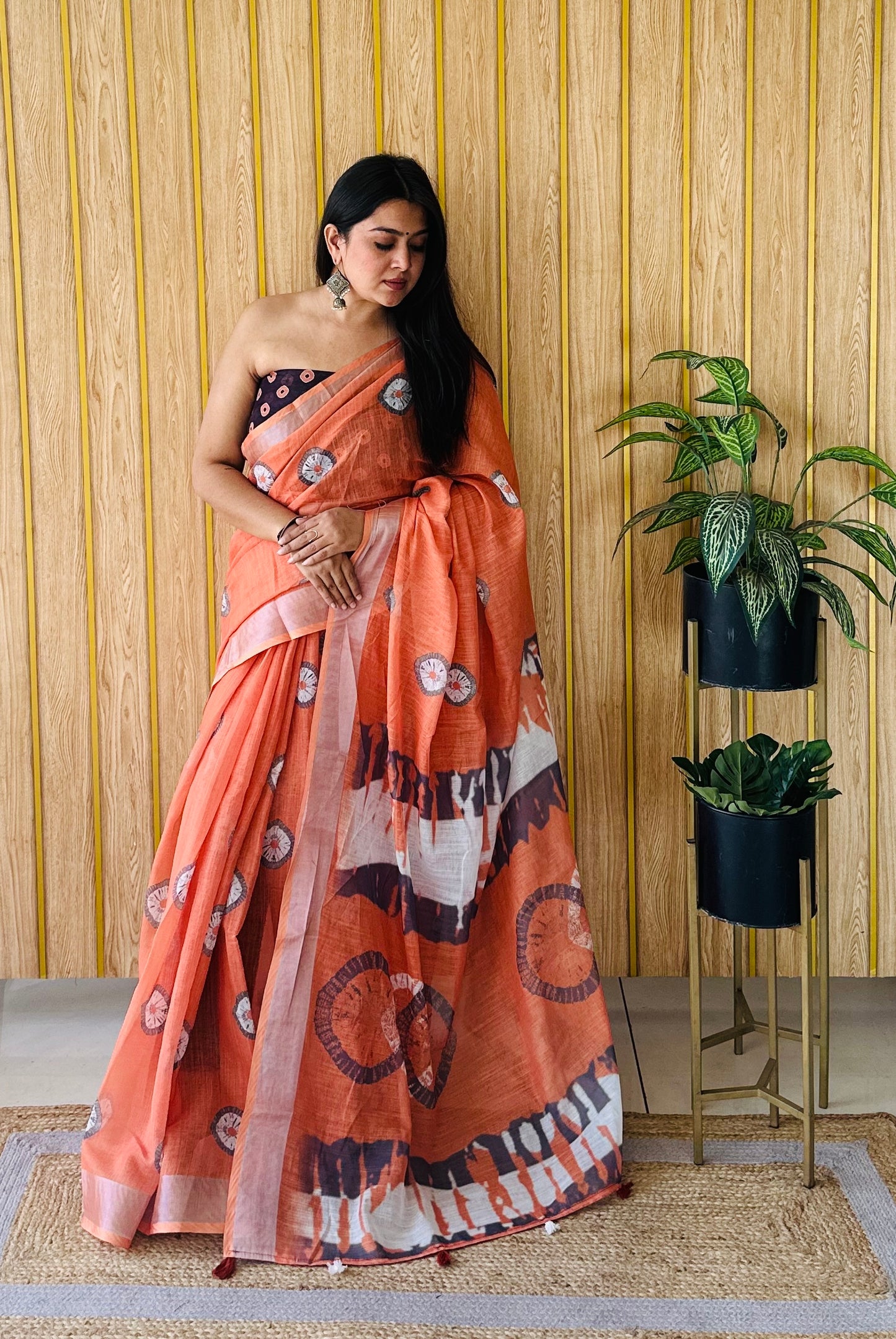 Orange Aarya-4 Soft Linen Cotton Digital Print Sarees With Batik Print With Silver Border