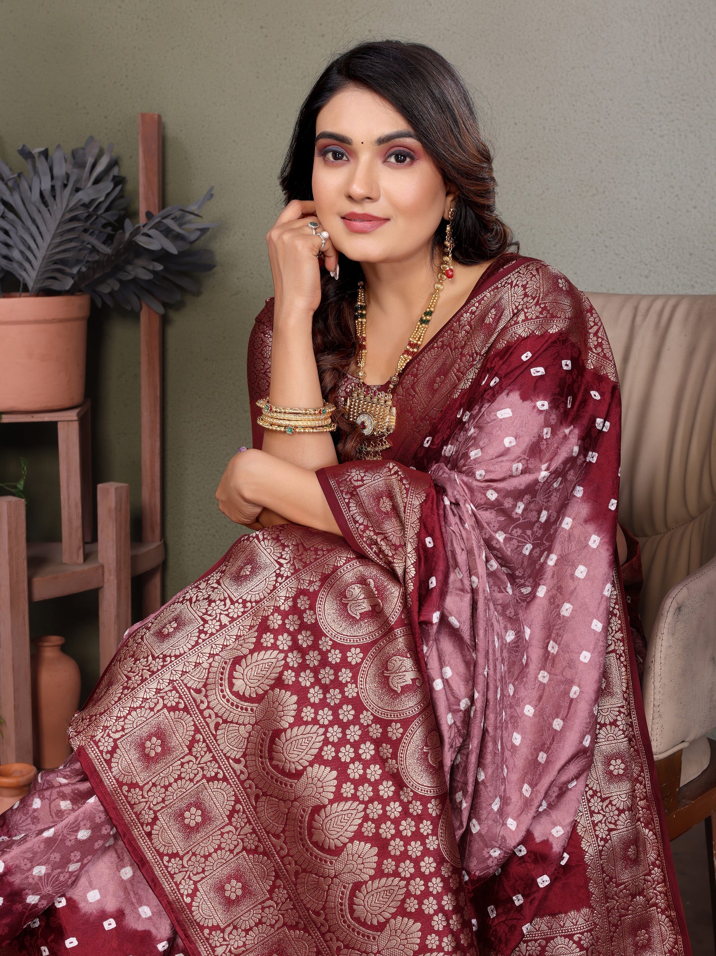 Light Pink Satyavati Bandhej Satin Silk Saree Made By Original Bandhej With Zari Weaving Border