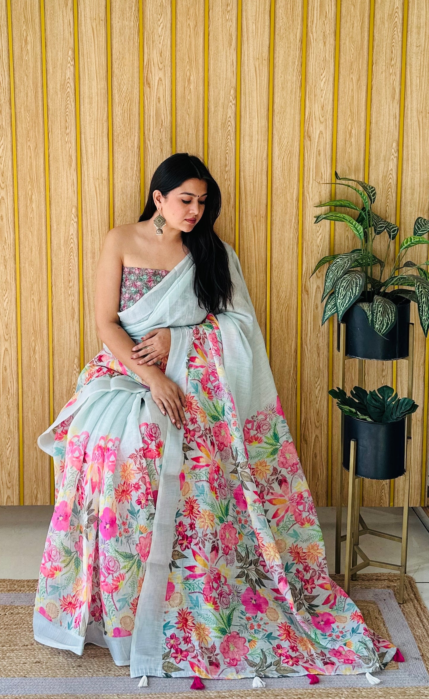 Light Green Mayuri Soft Linen Cotton Digital Print Saree With Batik Print With Silver Border