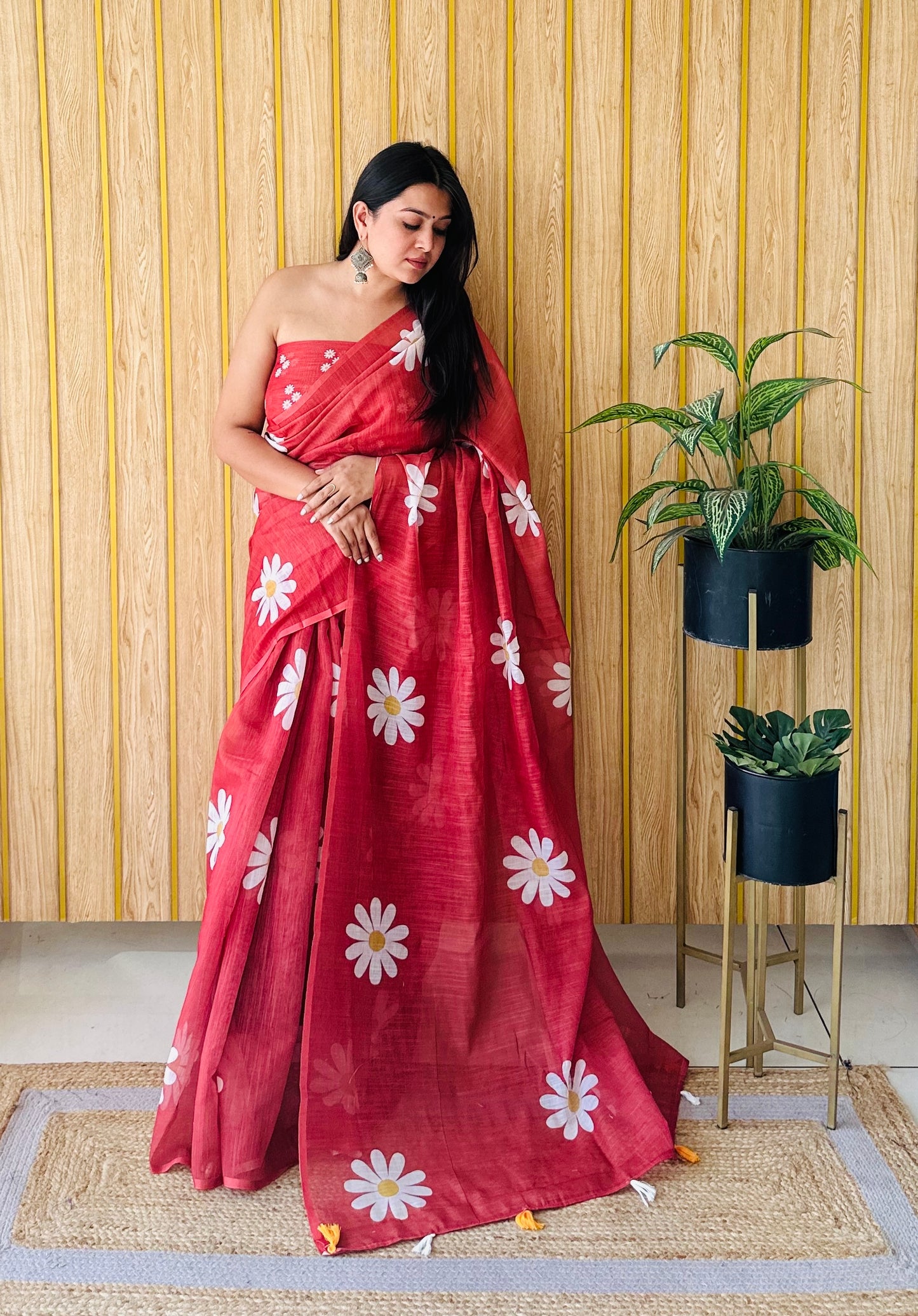 Red Champa-1 Soft Linen Cotton Digital Print Sarees With Flower Print & Printed Pallu