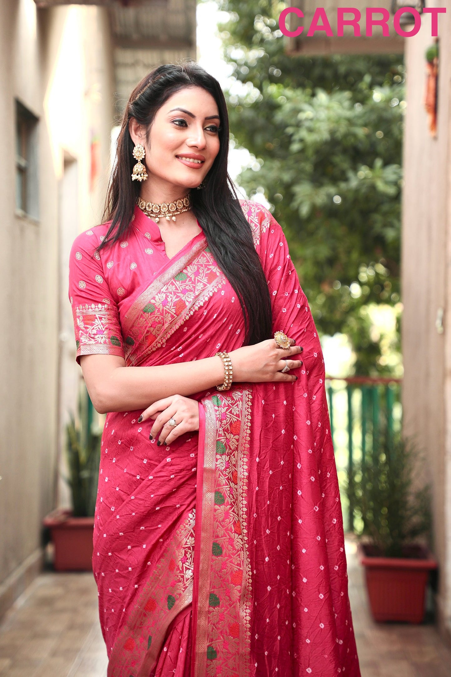 Carrot Nazakat Pure Bandhej Silk Saree With Patola Border Zari Weaving Paithani And Paithani Rich Pallu