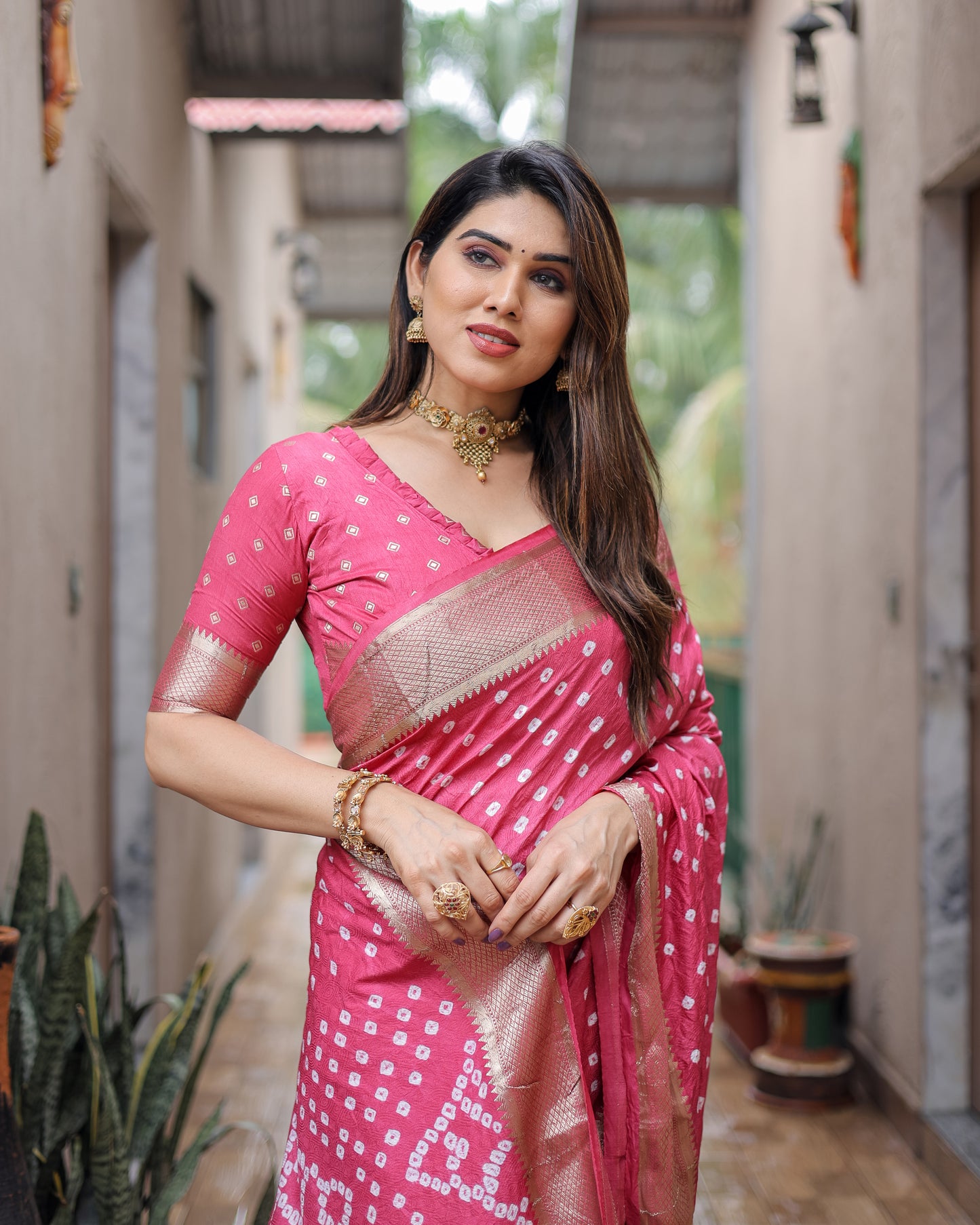 Pink Yashomati Dola Soft Silk Bandhej Sarees With Awesome Two Sides Jari Border & Paithani Style Rich Pallu