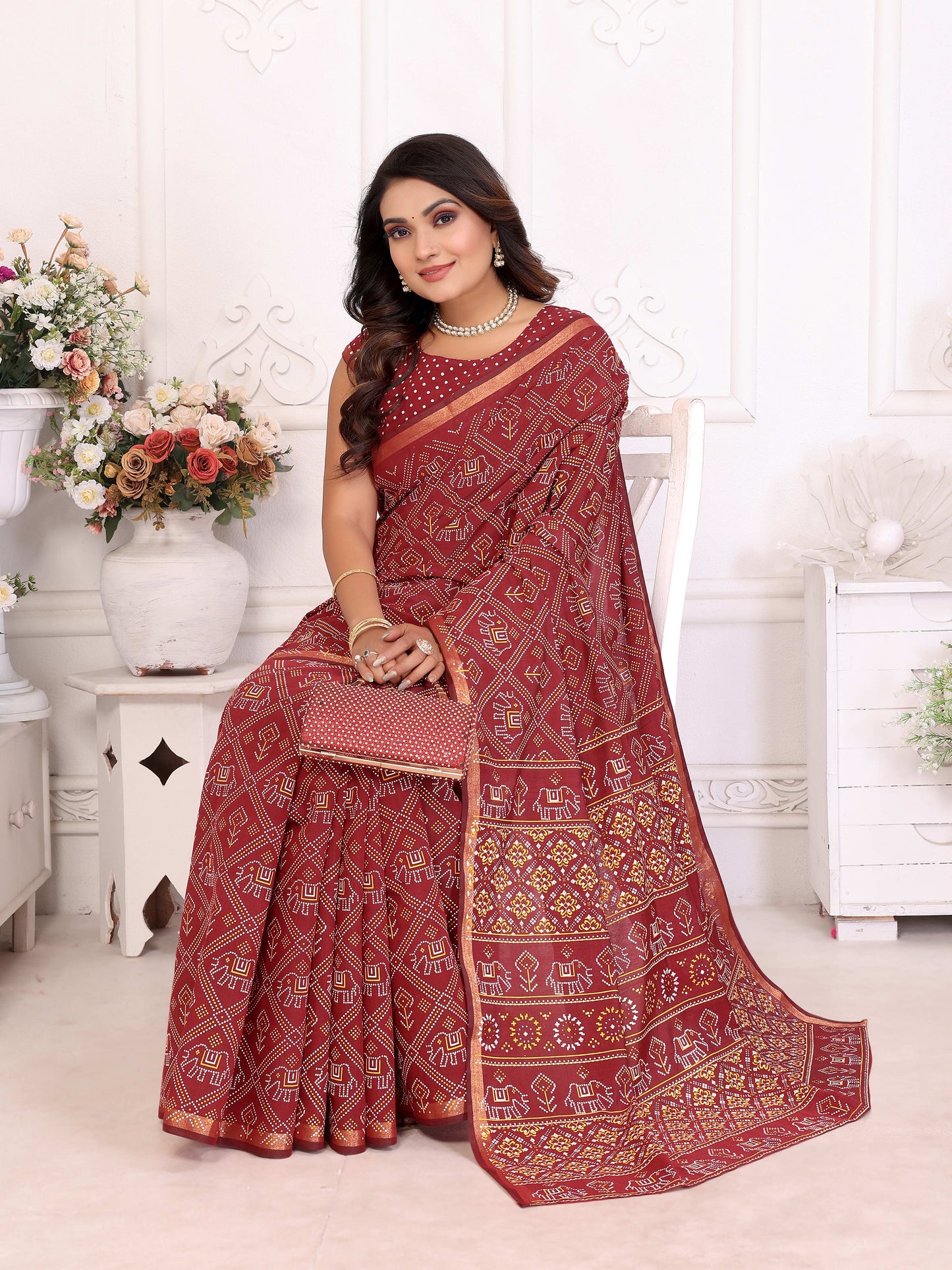 Maroon Ambika Pure Patola And Bandhej Pattern Soft Cotton Light Weight Saree