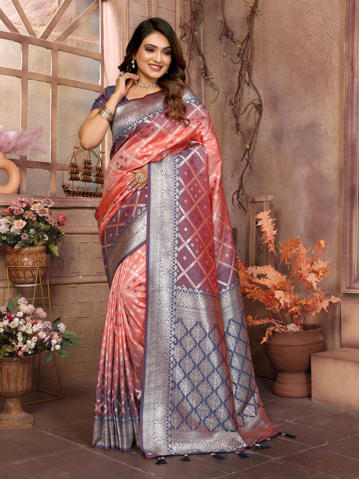 Peach Kundan kochi silk saree with beautiful Checks weaving exclusive work soft comfy
