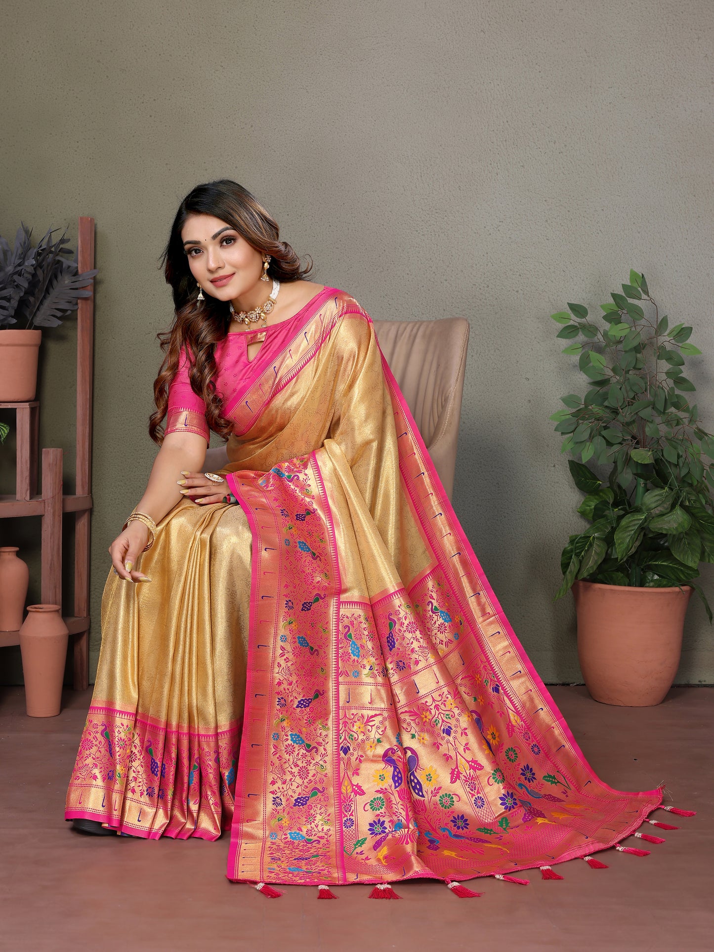Begie Mrudangi Pure Banarasi Tissue silk sarees contrast Paithani woven border classic pallu